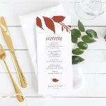 Herfst Foliage Burnt Oranje Menu Kaart<br><div class="desc">Deze sjabloon van het trouwmenu maakt deel uit van Do Tell A Belle's herfst luxe uitnodiging collectie. Het ontwerp bevat botanische herfstbladeren in verbrand sinaasappel. Pas hen met menupunten, namen en gebeurtenisdatum aan. Ideaal voor bruiloften, herfst vrijgezellenfeest, repetitieve diners of wat je maar wilt. Een boho, maar botanische keuze voor...</div>
