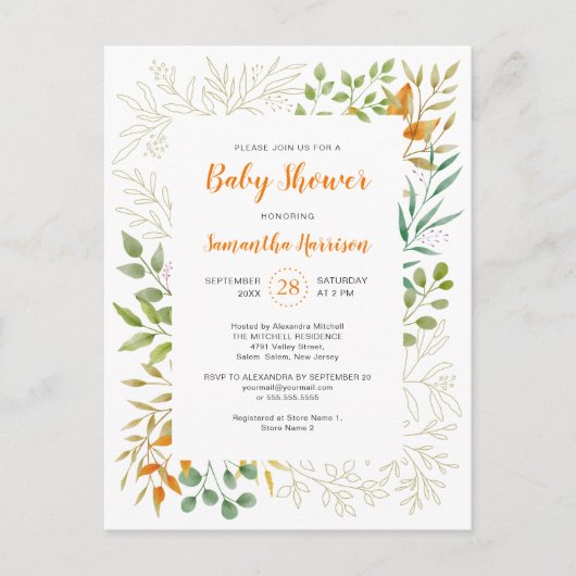 Herfst Foliage Cute Botanical Baby shower Uitnodiging Briefkaart (Voorkant)