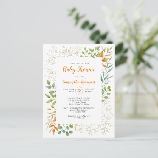 Herfst Foliage Cute Botanical Baby shower Uitnodiging Briefkaart (Staand voorkant)