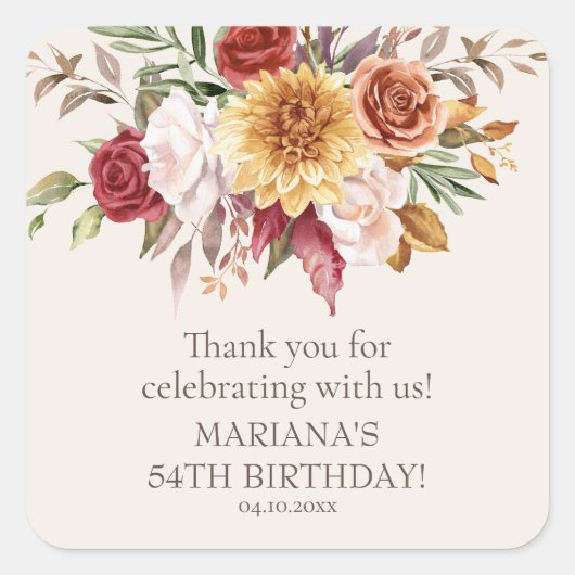 Herfst Foliage Flowers Ivoor Verjaardagsfeestje Fa Vierkante Sticker (Voorkant)