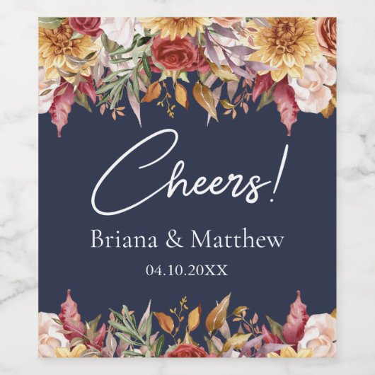 Herfst Foliage Flowers Navy Blue Bruiloft Wijn Etiket (Enkel label)