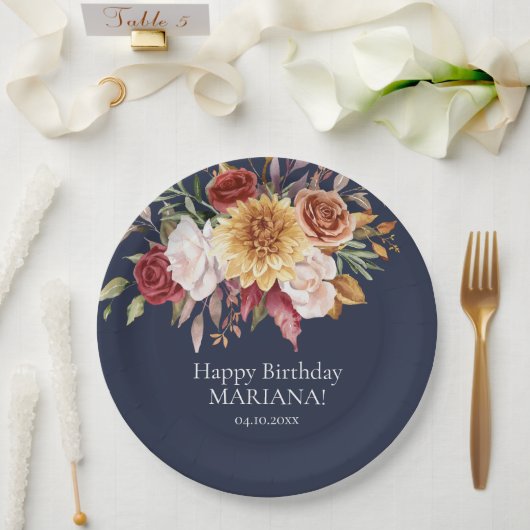 Herfst Foliage Flowers Navy Blue Verjaardagsfeest Papieren Bordje (Huwelijk)