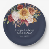 Herfst Foliage Flowers Navy Blue Verjaardagsfeest Papieren Bordje (Voorkant)