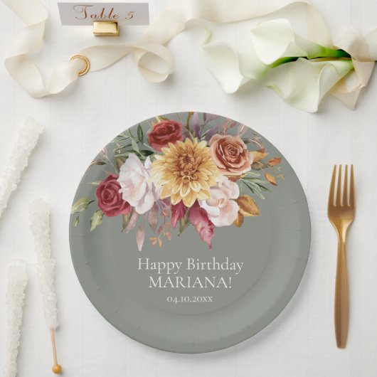 Herfst Foliage Flowers Sage Groen Verjaardagsfeest Papieren Bordje (Huwelijk)