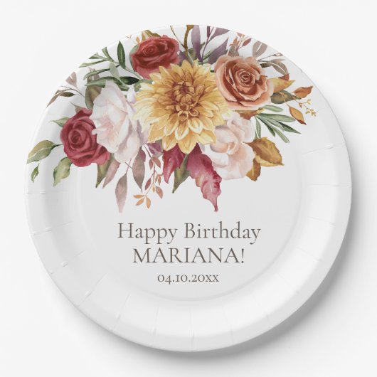 Herfst Foliage Flowers Wit Verjaardagsfeest Papieren Bordje (Voorkant)