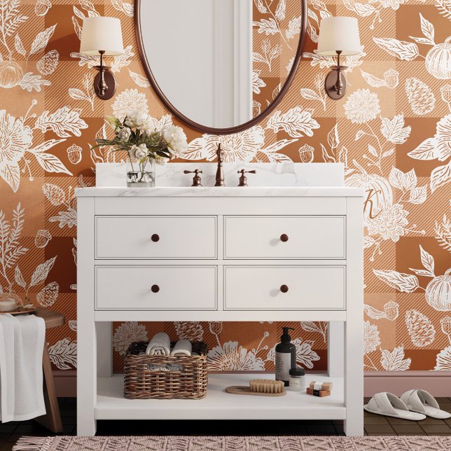 Herfst Foliage Herfstbloemen & Pompoen Sinaasappel Behang (Fall Foliage Autumn Flowers & Pumpkin Orange Plaid Wallpaper)