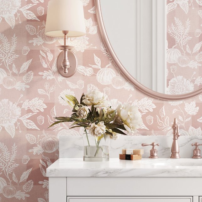 Herfst Foliage Herfstbloemen & Pompoenen Roze Plai Behang (Fall Foliage Autumn Flowers & Pumpkins Pink Plaid Wallpaper)