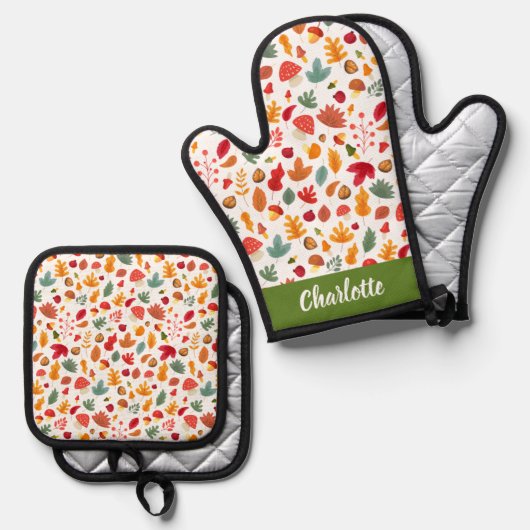 Herfst Foliage Herfstpatroon Aangepaste naam Ovenwant & Pannenlap Set (Voorkant / Achterkant)