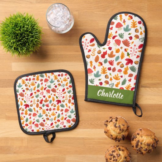 Herfst Foliage Herfstpatroon Aangepaste naam Ovenwant & Pannenlap Set (Top down)