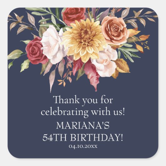 Herfst Foliage Navy Blue Verjaardagsfeestje Favor Vierkante Sticker (Voorkant)