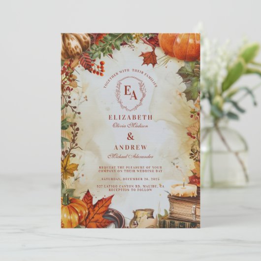 Herfst Foliage Oogst Pompoen bruiloft Kaart (Staand voorkant)