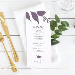 Herfst Foliage Plum Paars Menu Kaart<br><div class="desc">Deze moderne sjabloon voor huwelijksmenu's maakt deel uit van Do Tell A Belle's herfst luxe uitnodiging collectie. Het ontwerp is voorzien van botanische herfstbladeren in pruim paarse. Pas ze aan met menu-items, namen en datum van de gebeurtenis. Perfect voor bruiloften, herfst vrijgezellenfeest, repetitie diners of wat je maar wilt. Een...</div>