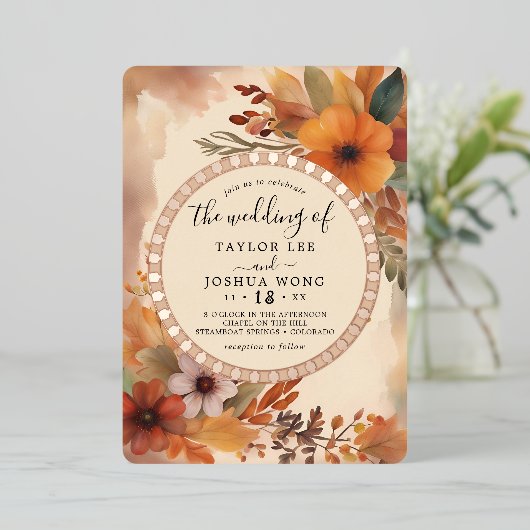 Herfst Foliage Rustieke Boho Waterverf Sinaasappel Folie Uitnodiging (Staand Voorkant)