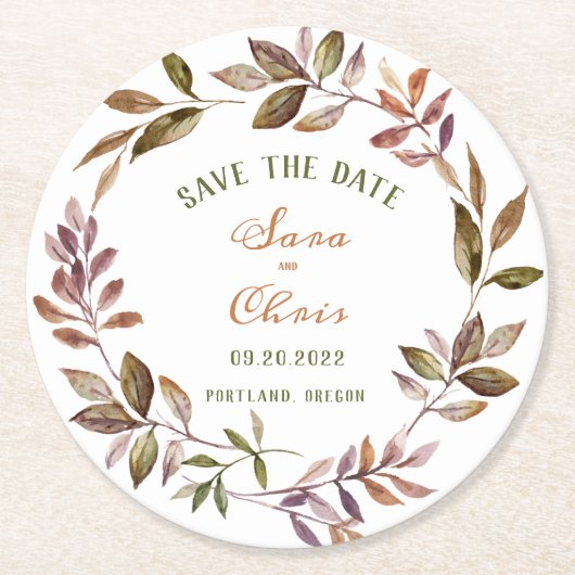 Herfst Foliage & Succulent Waterverf Bewaar de Dat Ronde Kartonnen Onderzetter (Voorkant)