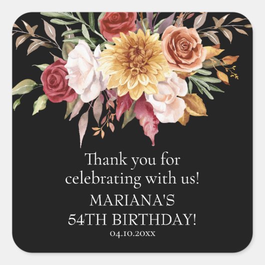 Herfst Foliage Zwart Verjaardagsfeestje Favor Vierkante Sticker (Voorkant)