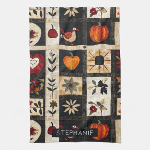 Herfst Folk Art Quilt Patroon Rustieke Botanisch Theedoek