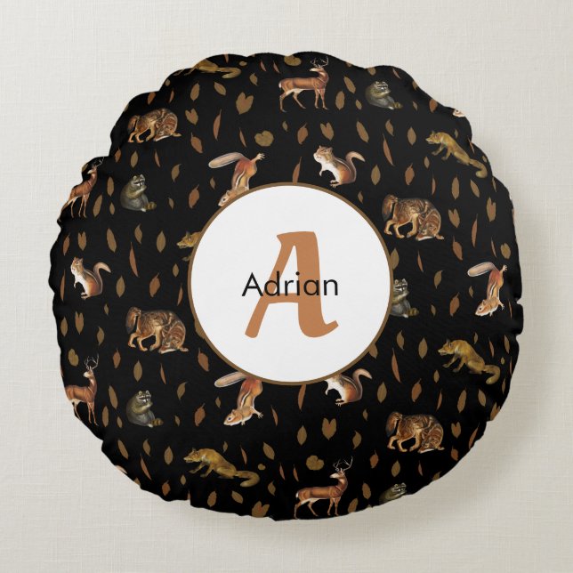 Herfst Forest Animals Autumn Leaves Monogram Rond Kussen (Voorkant)