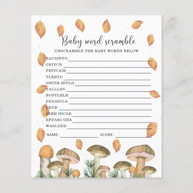 Herfst forest - Baby Word Scramble, Baby shower Ga (Voorkant)