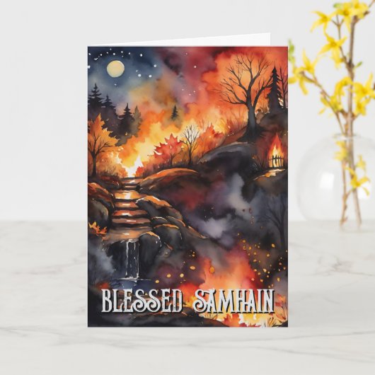 Herfst Forest gezegend Samhain Halloween Night Kaart (Gele Bloem)