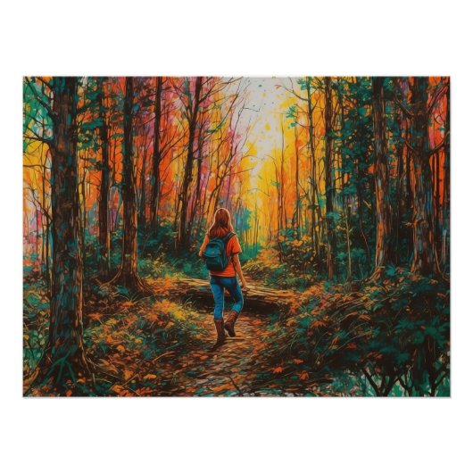Herfst Forest Path Hiker Digital Art Landschap Perfect Poster (Voorkant)