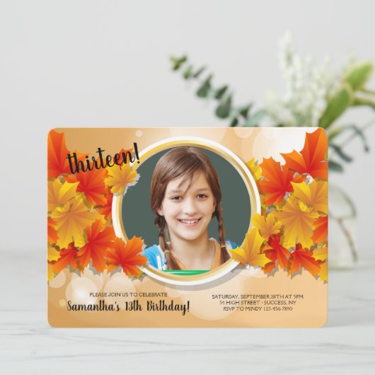 Herfst foto verjaardag uitnodiging (Staand voorkant)