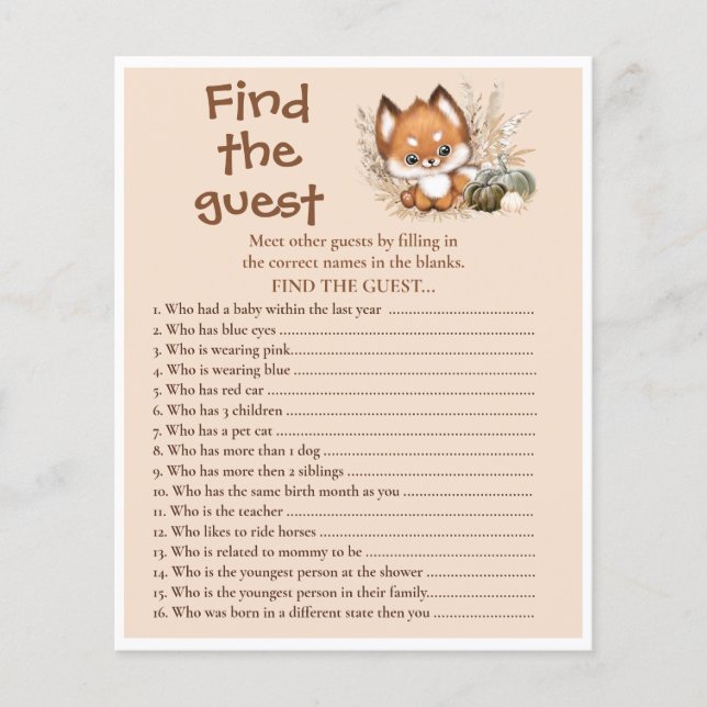 Herfst Fox Beige Vind het gast Baby shower spel (Voorkant)