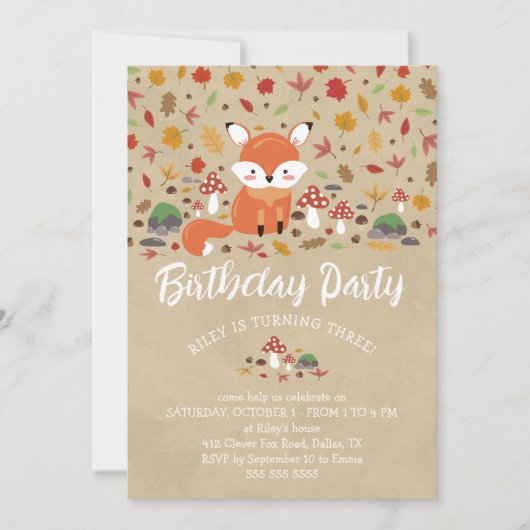 Herfst Fox Kinder Sandy Woodland Birthday Party Kaart (Voorkant)