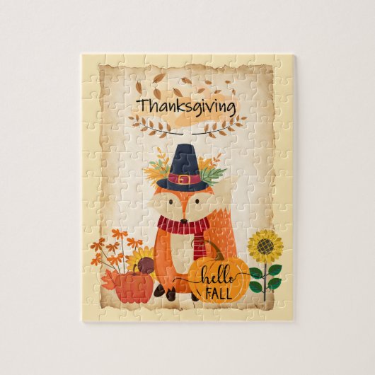 Herfst Fox Thanksgiving pompoenen en zonnebloemen Legpuzzel (Verticaal)
