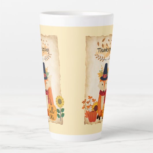Herfst Fox Thanksgiving Zonnebloemen Pompoenen Latte Mok (Voorkant)