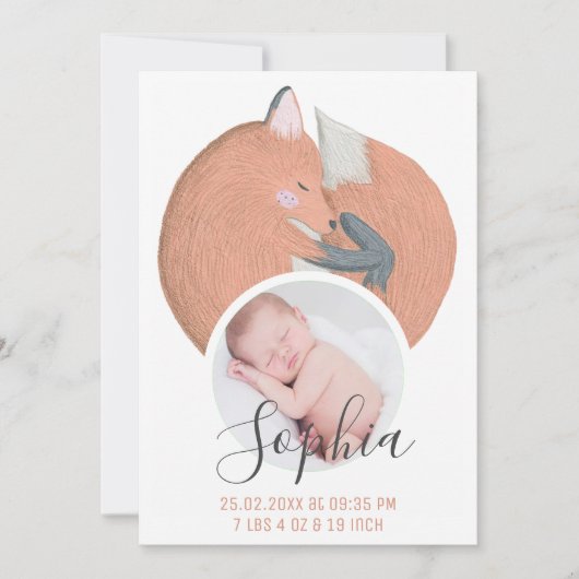 Herfst Fox Waterverf Pasgeboren Baby Foto geboorte Aankondiging (Voorkant)