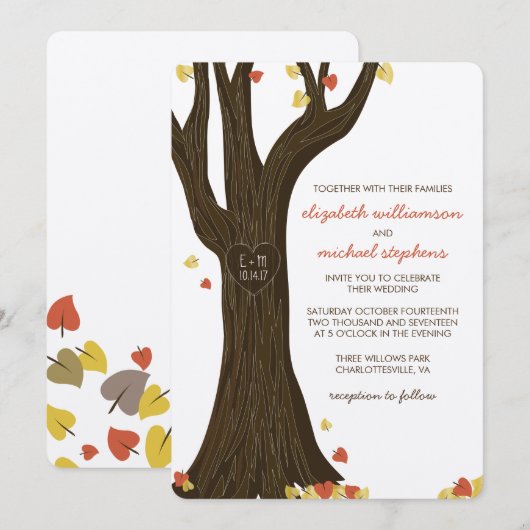 Herfst gebeeldhouwde boom en bladeren bruiloft uit kaart (Voorkant / Achterkant)