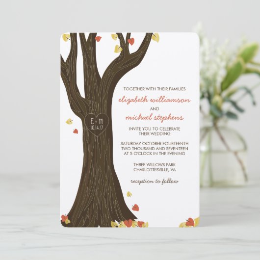 Herfst gebeeldhouwde boom en bladeren bruiloft uit kaart (Staand voorkant)