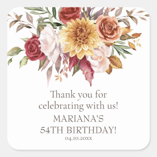 Herfst gebladerte bloemen wit verjaardagsfeestje g vierkante sticker (Voorkant)