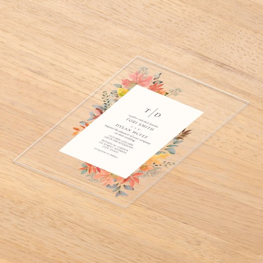 Herfst gebladerte verlaat Herfst monogram bruiloft Acryl Uitnodigingen (Laagn)