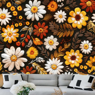 Herfst geborduurd bloemmotief behang