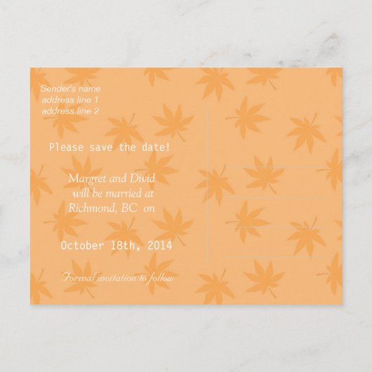 Herfst geel blad bruiloft met datum aankondigingskaart (Achterkant)
