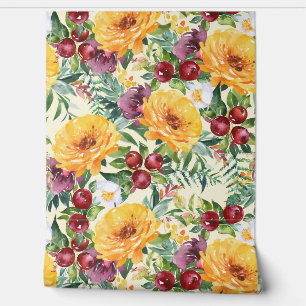 Herfst Gele Bloemen en Rode Bessen Groen Behang