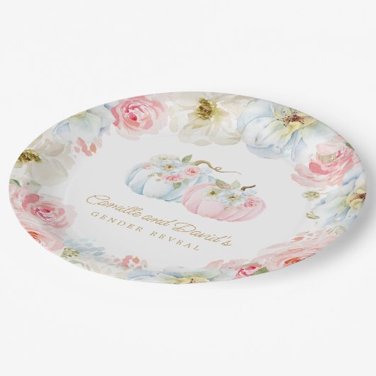 Herfst Gender onthullen Roze en Blauwe Pompoenen Papieren Bordje (Gekanteld)