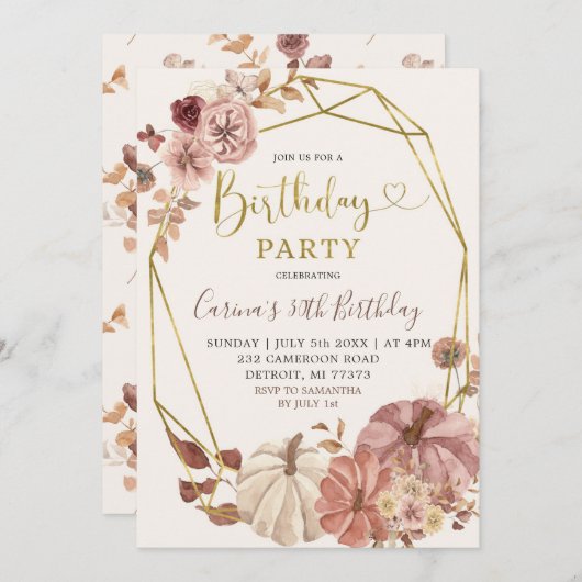 Herfst Geometric Boho Floral Pumpkin Birthday Part Kaart (Voorkant / Achterkant)