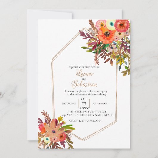 Herfst Geometrische Waterverf Floral Wedding Kaart (Voorkant)