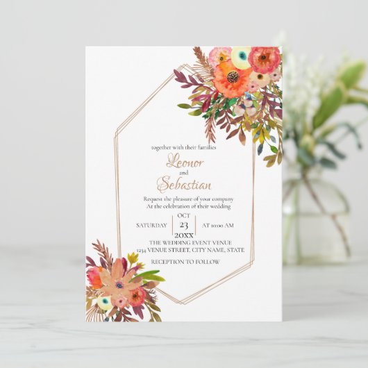 Herfst Geometrische Waterverf Floral Wedding Kaart (Staand voorkant)
