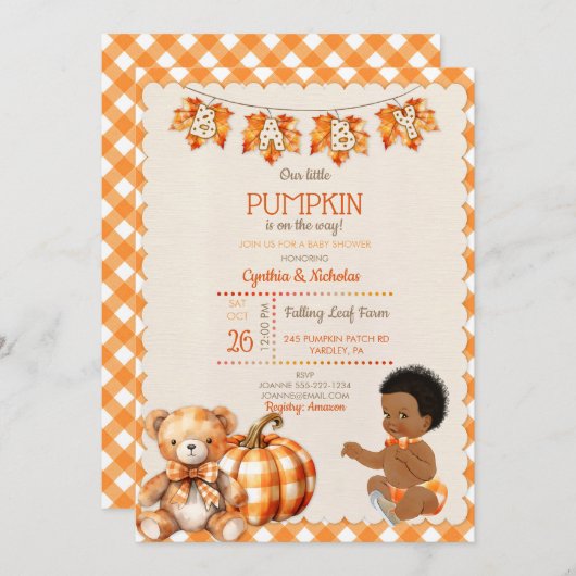 Herfst geruite teddybeer baby jongen pompoen blade kaart (Voorkant / Achterkant)