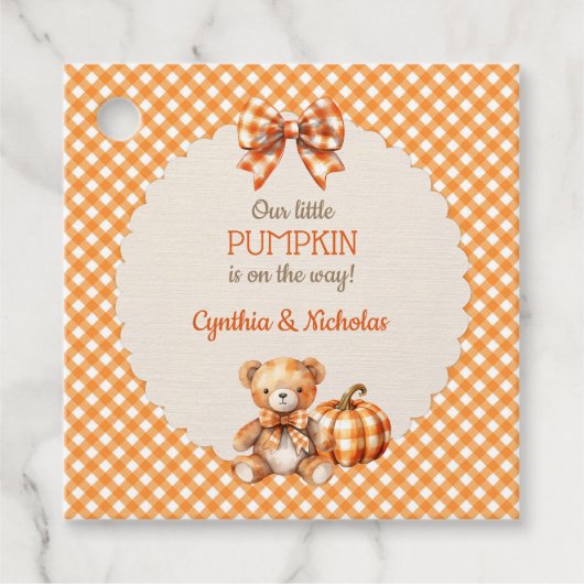 Herfst Geruite Teddybeer Pompoen Bladeren Bedankjes Labels (Voorkant)
