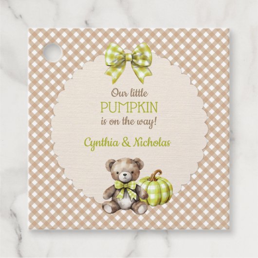 Herfst Geruite Teddybeer Pompoen Bladeren Bedankjes Labels (Voorkant)