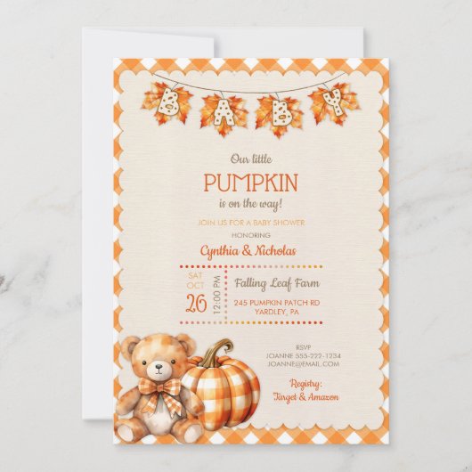 Herfst geruite teddybeer pompoen bladeren kaart (Voorkant)