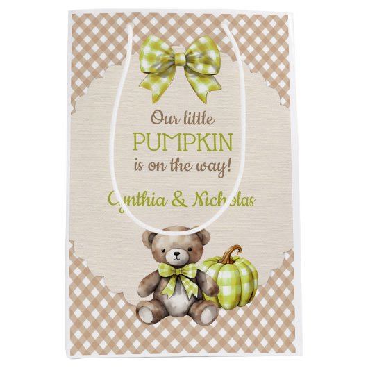 Herfst Geruite Teddybeer Pompoen Bladeren Medium Cadeauzakje (Voorkant)