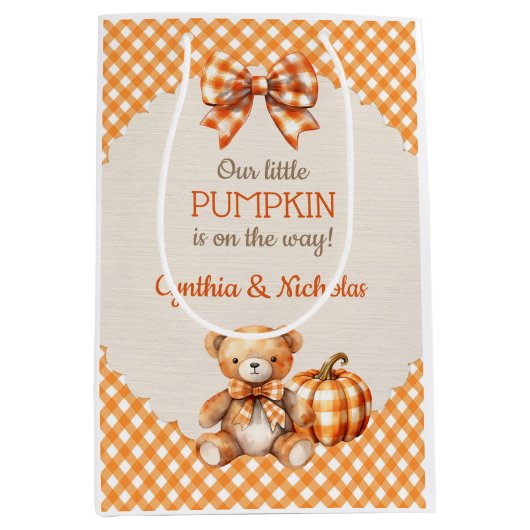Herfst Geruite Teddybeer Pompoen Bladeren Medium Cadeauzakje (Voorkant)