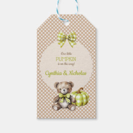 Herfst Geruite Teddybeer Pompoen Bladeren Salie Cadeaulabel