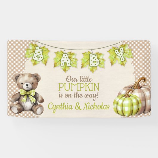 Herfst geruite teddybeer pompoen bladeren spandoek (Horizontaal)