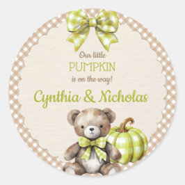 Herfst geruite teddybeer pompoen groen beige ronde sticker